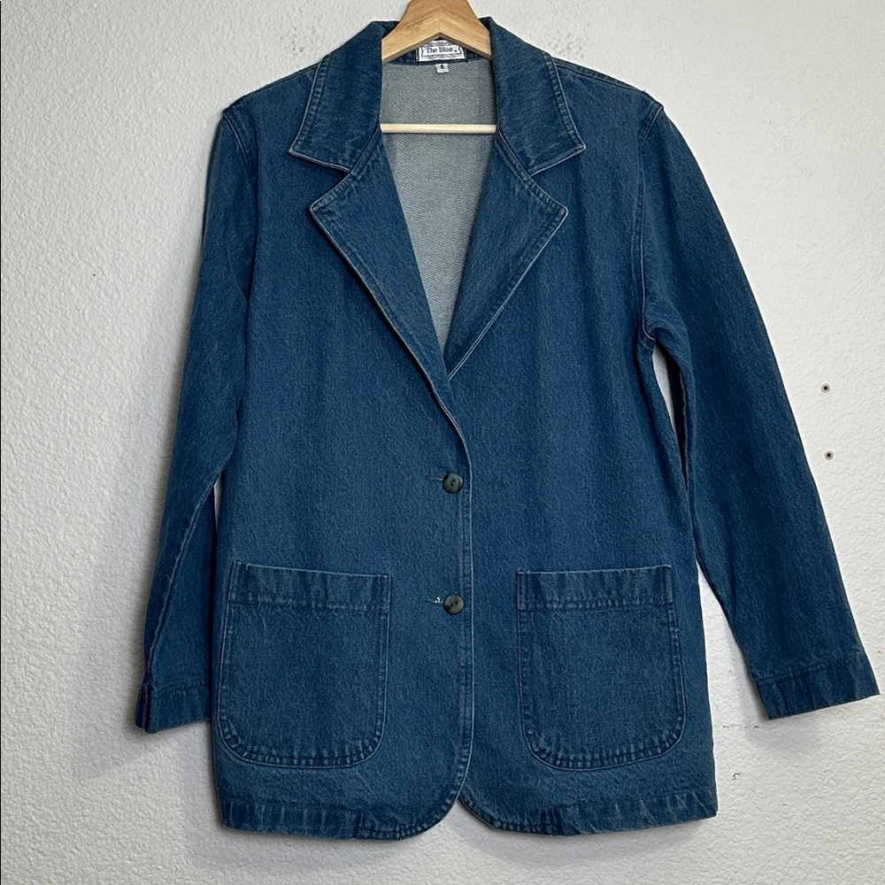 Oversized Blue Denim Blazer‎ Jacket Women’s Small Padded Shoulders Vintage 90s